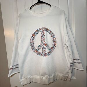 White Peace Sign Floral Pullover Sweatshirt Women’s Medium Boho Casual Top